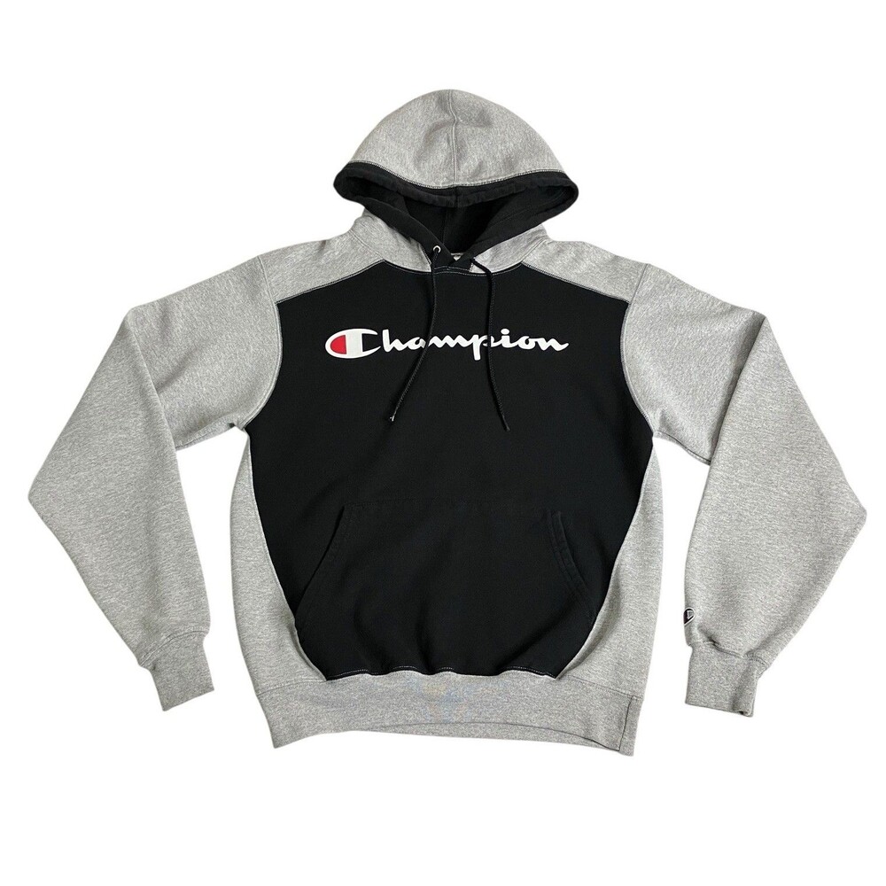 Champion Eco Hoodie Mens S Black Gray Spellout Logo Kangaroo Pocket Streetwear‎